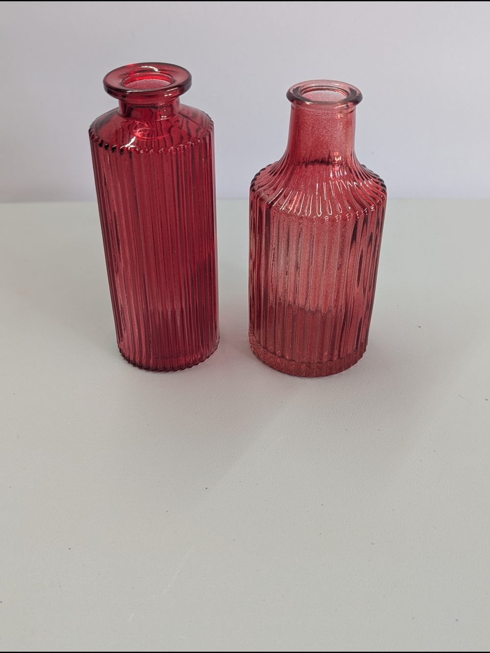 Set of 2 Red Ribbed Glass Bud Vases Vintage Style Cottagecore Home Decor